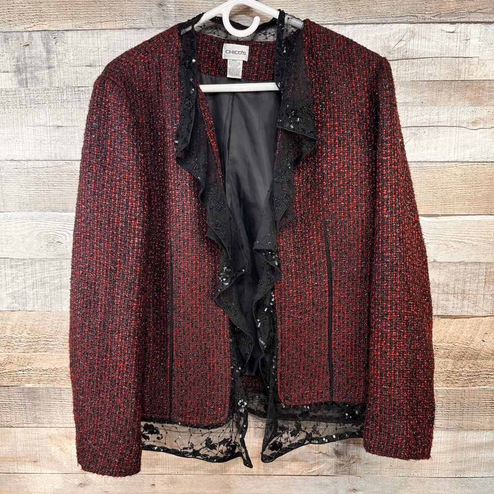 Chico's Floriana Beaded Tweed Jacket Red Plum Black Lace Sequin Blazer Size 1